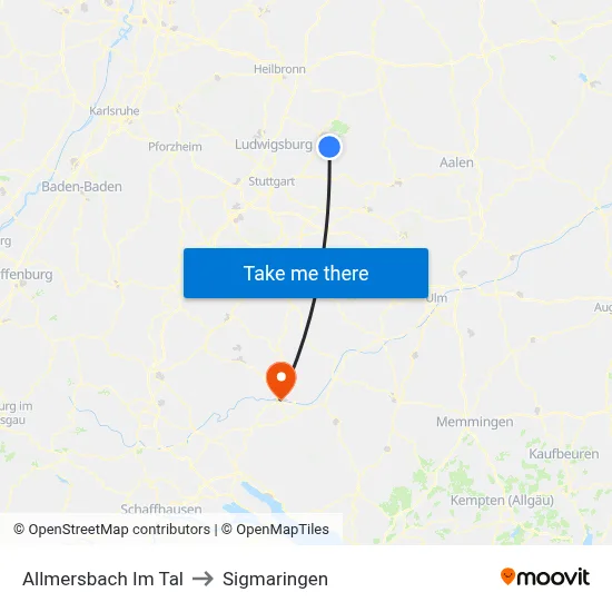 Allmersbach Im Tal to Sigmaringen map
