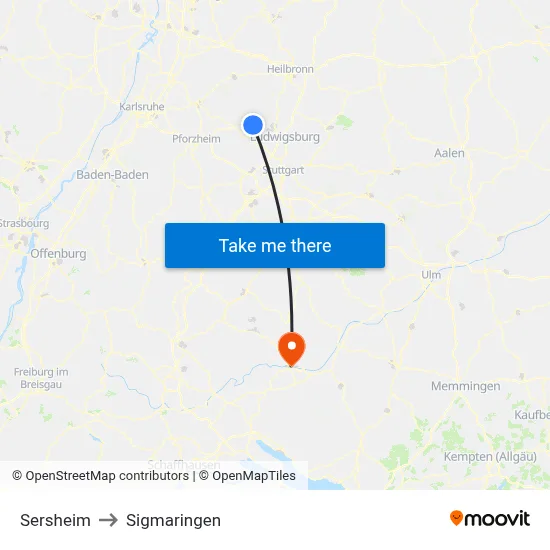 Sersheim to Sigmaringen map