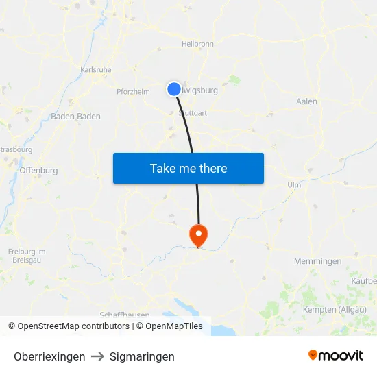 Oberriexingen to Sigmaringen map