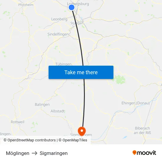 Möglingen to Sigmaringen map