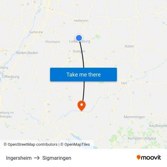Ingersheim to Sigmaringen map