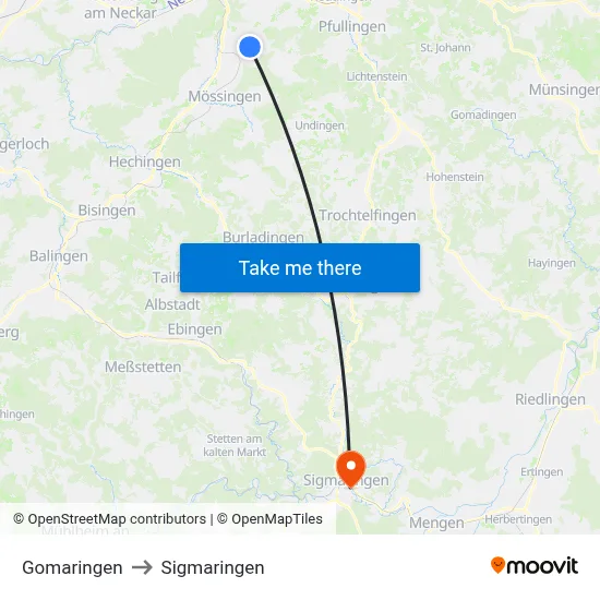 Gomaringen to Sigmaringen map