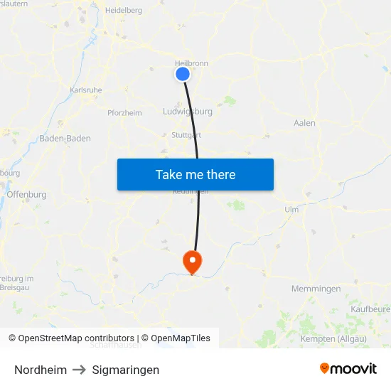 Nordheim to Sigmaringen map