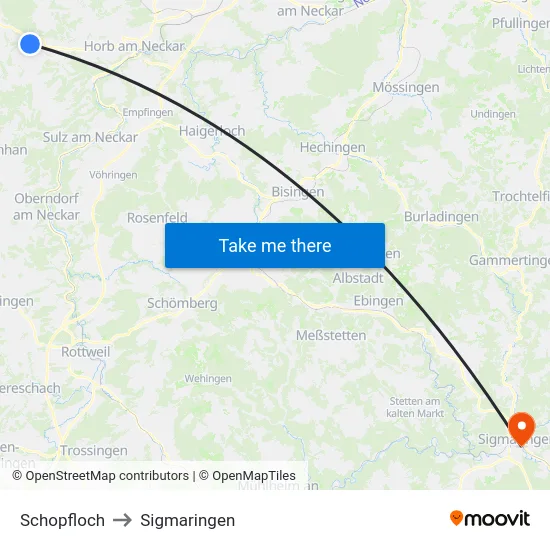 Schopfloch to Sigmaringen map