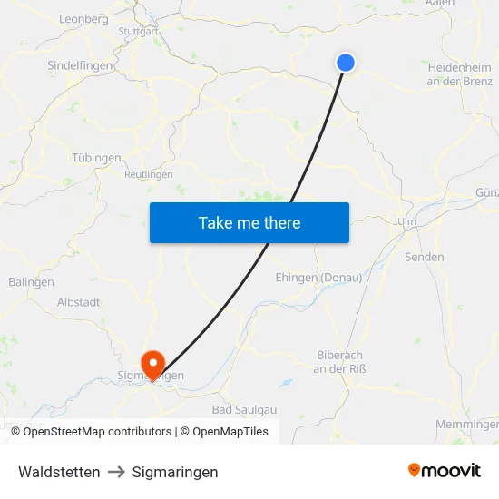 Waldstetten to Sigmaringen map