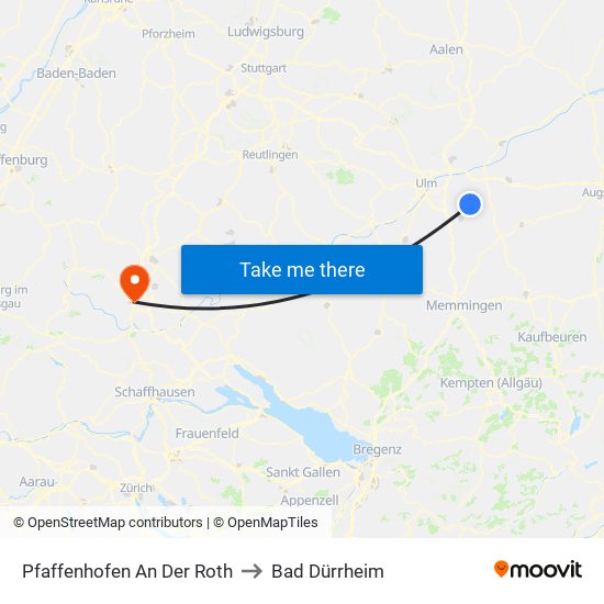 Pfaffenhofen An Der Roth to Bad Dürrheim map
