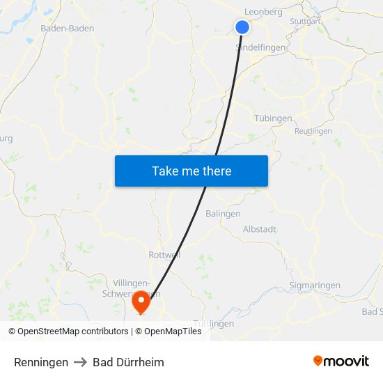 Renningen to Bad Dürrheim map