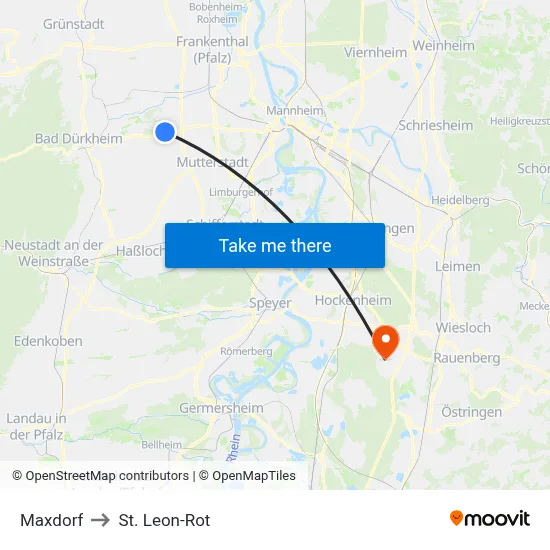 Maxdorf to St. Leon-Rot map