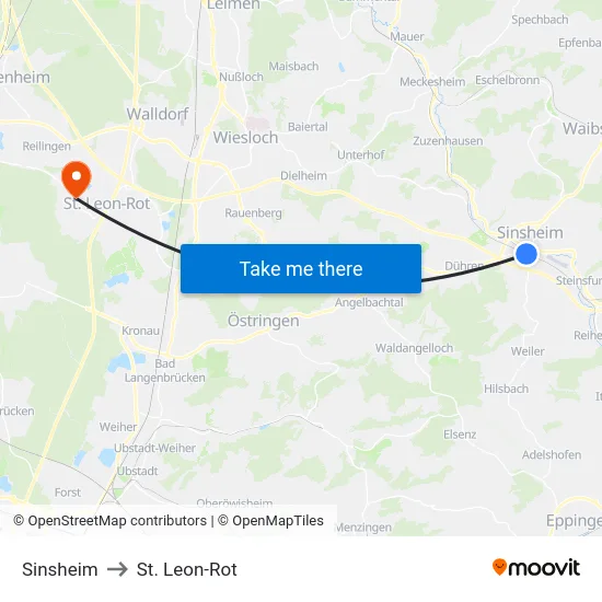 Sinsheim to St. Leon-Rot map