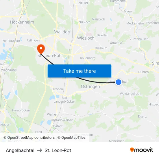 Angelbachtal to St. Leon-Rot map
