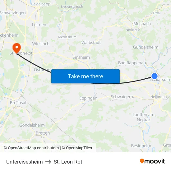Untereisesheim to St. Leon-Rot map