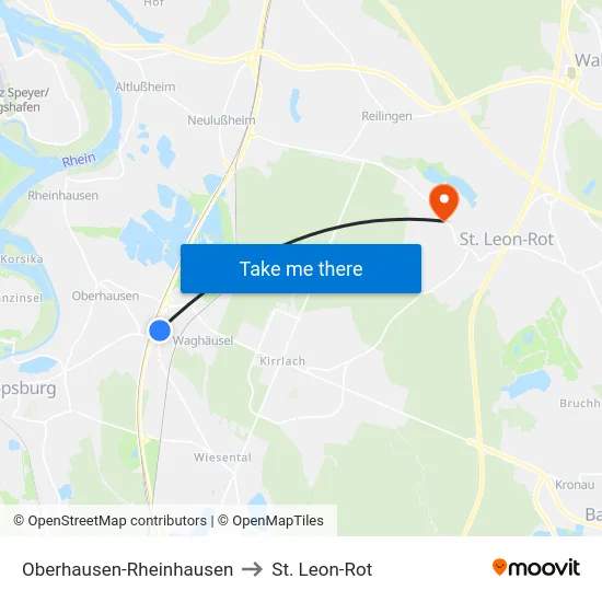 Oberhausen-Rheinhausen to St. Leon-Rot map