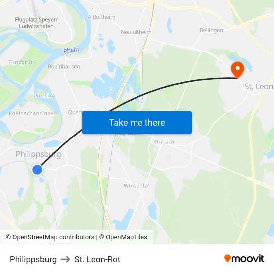 Philippsburg to St. Leon-Rot map