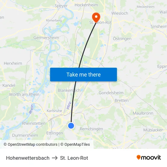 Hohenwettersbach to St. Leon-Rot map