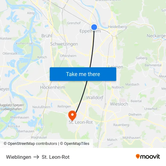 Wieblingen to St. Leon-Rot map