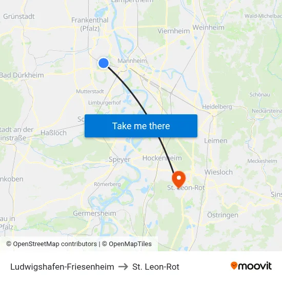 Ludwigshafen-Friesenheim to St. Leon-Rot map