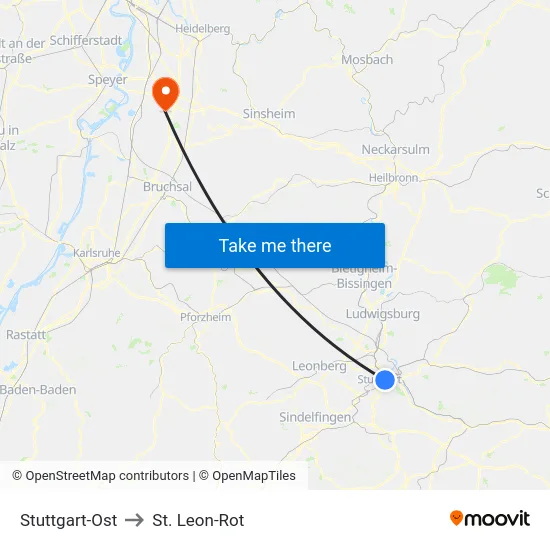 Stuttgart-Ost to St. Leon-Rot map