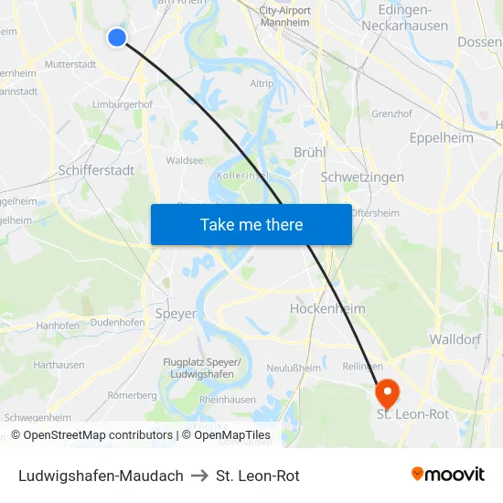Ludwigshafen-Maudach to St. Leon-Rot map