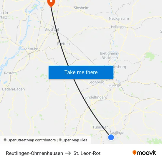 Reutlingen-Ohmenhausen to St. Leon-Rot map