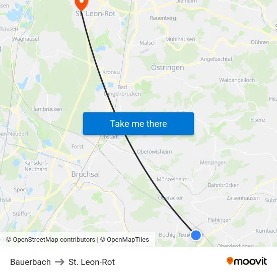 Bauerbach to St. Leon-Rot map