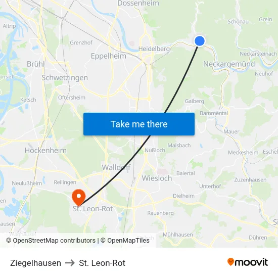 Ziegelhausen to St. Leon-Rot map