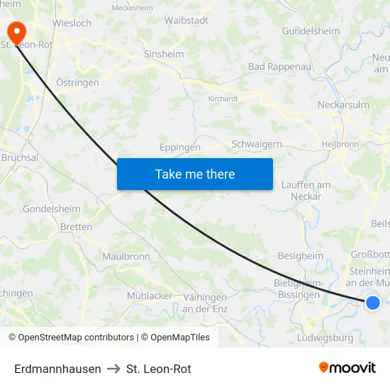 Erdmannhausen to St. Leon-Rot map