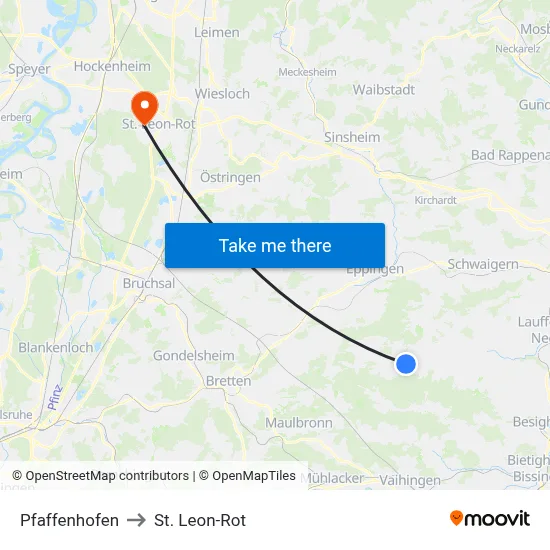 Pfaffenhofen to St. Leon-Rot map