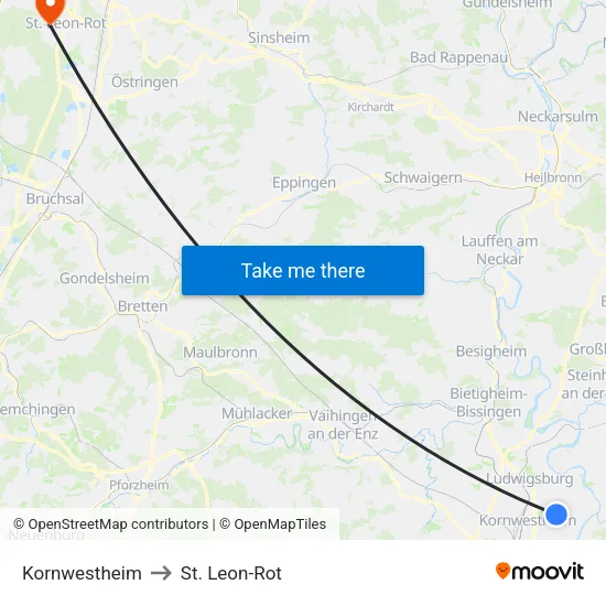 Kornwestheim to St. Leon-Rot map