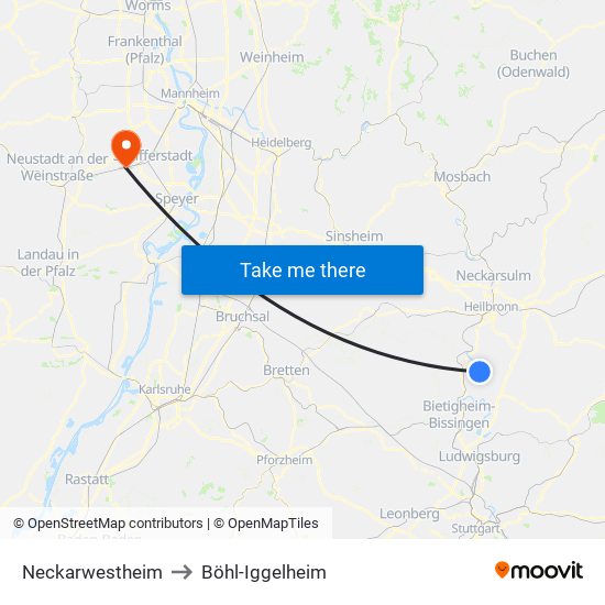 Neckarwestheim to Böhl-Iggelheim map