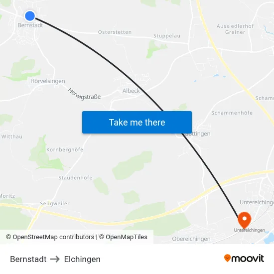 Bernstadt to Elchingen map