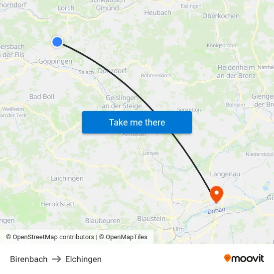 Birenbach to Elchingen map