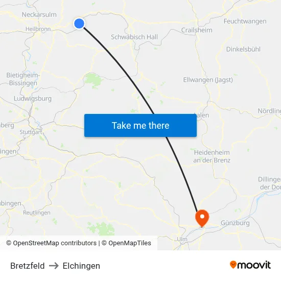 Bretzfeld to Elchingen map