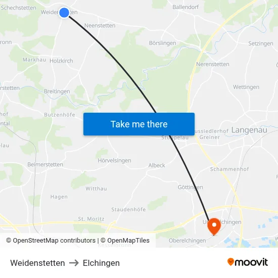 Weidenstetten to Elchingen map