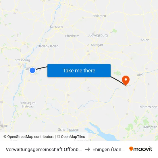 Verwaltungsgemeinschaft Offenburg to Ehingen (Donau) map