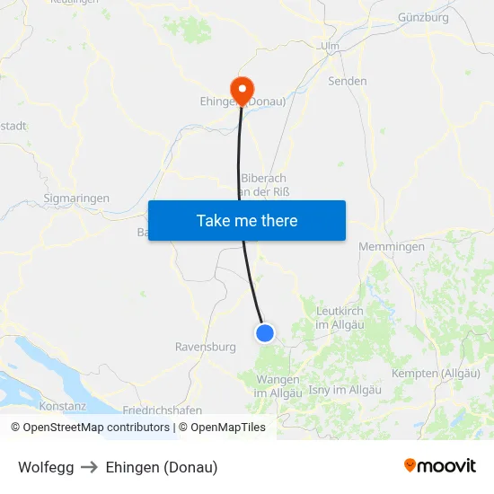 Wolfegg to Ehingen (Donau) map