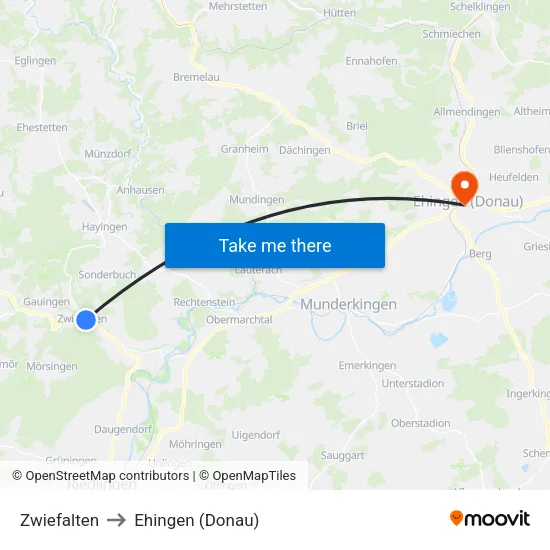 Zwiefalten to Ehingen (Donau) map