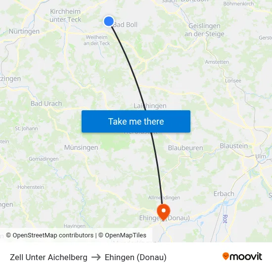 Zell Unter Aichelberg to Ehingen (Donau) map