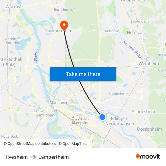 Ilvesheim to Lampertheim map