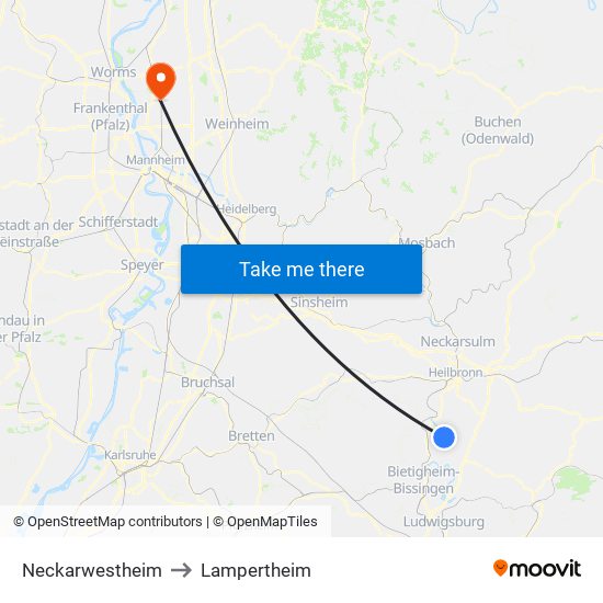 Neckarwestheim to Lampertheim map