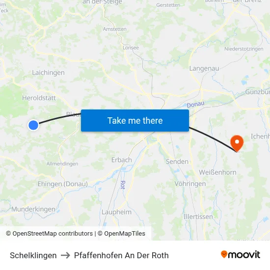 Schelklingen to Pfaffenhofen An Der Roth map