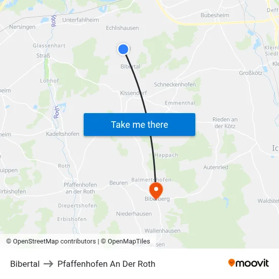 Bibertal to Pfaffenhofen An Der Roth map