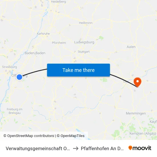 Verwaltungsgemeinschaft Offenburg to Pfaffenhofen An Der Roth map