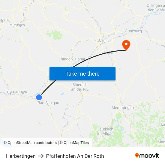 Herbertingen to Pfaffenhofen An Der Roth map