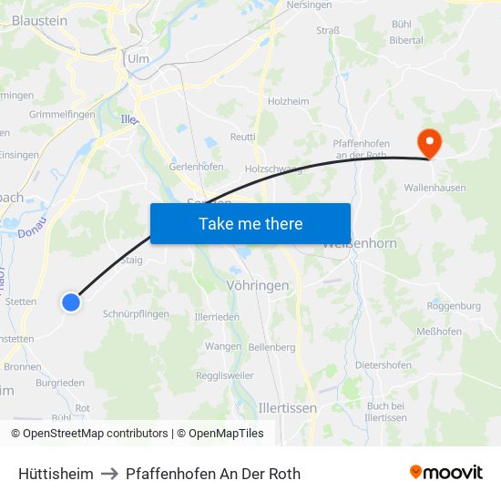 Hüttisheim to Pfaffenhofen An Der Roth map