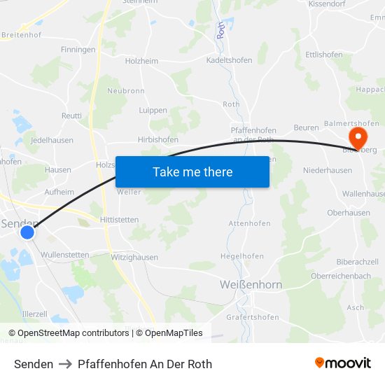 Senden to Pfaffenhofen An Der Roth map