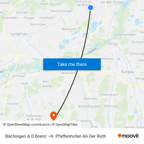 Bächingen A.D.Brenz to Pfaffenhofen An Der Roth map