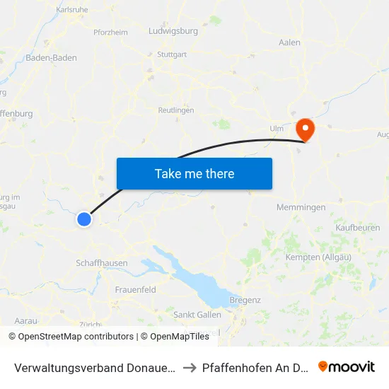 Verwaltungsverband Donaueschingen to Pfaffenhofen An Der Roth map