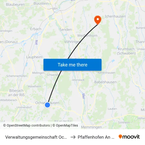 Verwaltungsgemeinschaft Ochsenhausen to Pfaffenhofen An Der Roth map