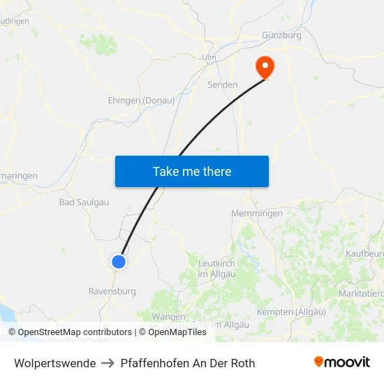 Wolpertswende to Pfaffenhofen An Der Roth map