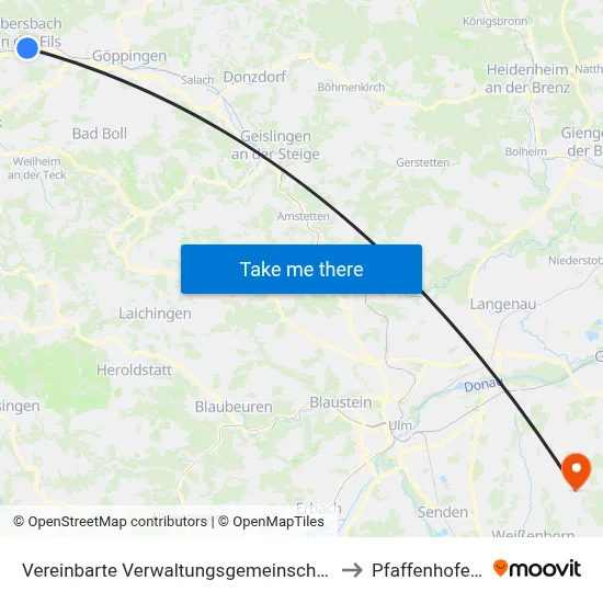 Vereinbarte Verwaltungsgemeinschaft Der Stadt Ebersbach An Der Fils to Pfaffenhofen An Der Roth map